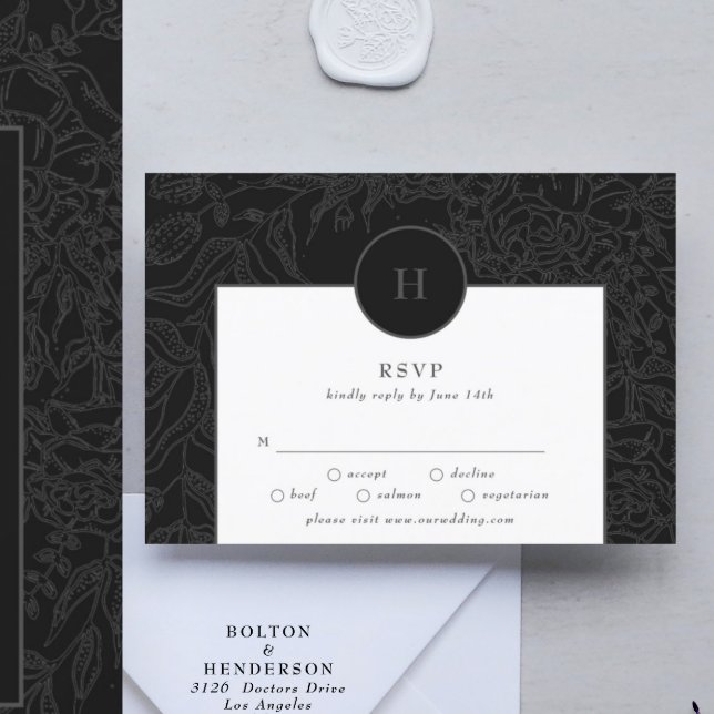 Dramatic Black Elegant Monogram Floral Wreath RSVP Card (RSVP showcasing suite - additional items (bought separately))