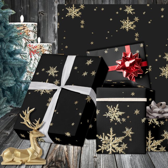 Dramatic Black & Gold Snowflakes On Black Wrapping Paper (Dramatic Black & Gold Snowflakes On Black Wrapping Paper In 6 & 15 Foot Long 30 Inch Width Rolls)