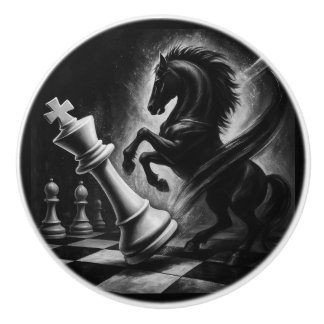 Dramatic Black Horse vs. King – Bold Chess Artwork Ceramic Knob