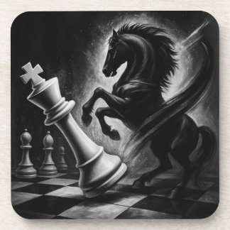 Dramatic Black Horse vs. King – Bold Chess Artwork Coaster