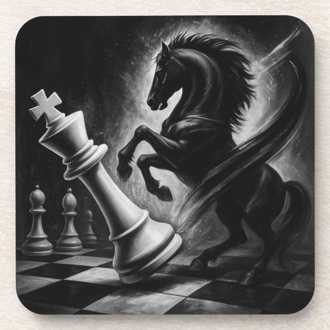 Dramatic Black Horse vs. King – Bold Chess Artwork Coaster (Front)