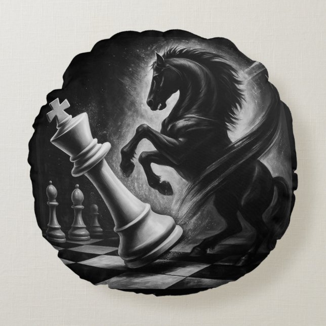 Dramatic Black Horse vs. King – Bold Chess Artwork Round Cushion (Front)