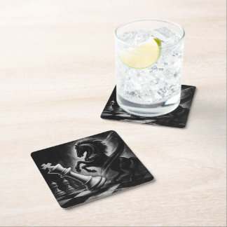 Dramatic Black Horse vs. King – Bold Chess Artwork Square Paper Coaster