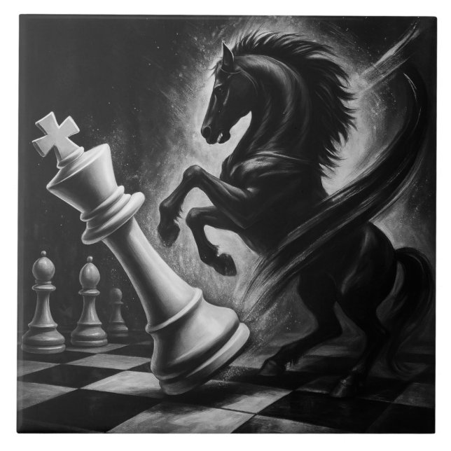 Dramatic Black Horse vs. King – Bold Chess Artwork Tile (Front)
