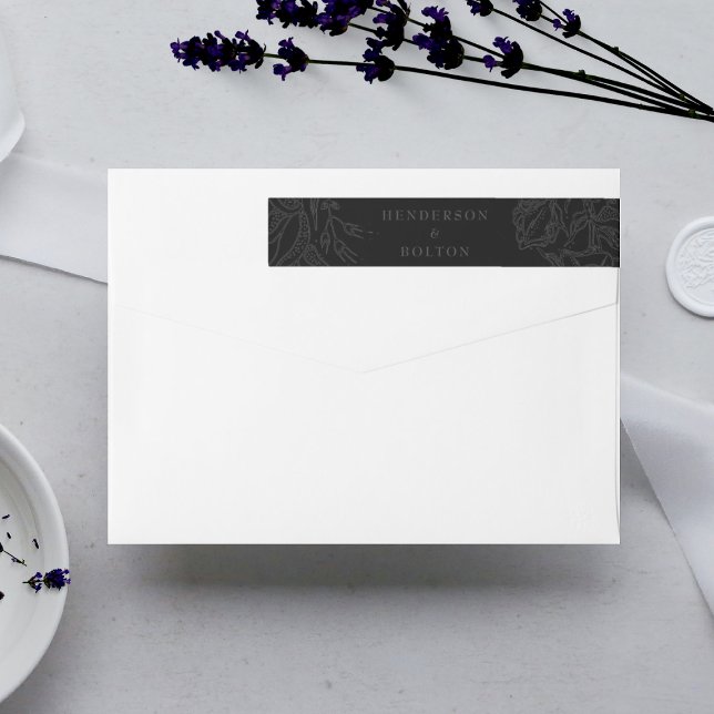 Dramatic Black on Black Floral Wreath Wedding Wrap Around Label (Creator Uploaded)