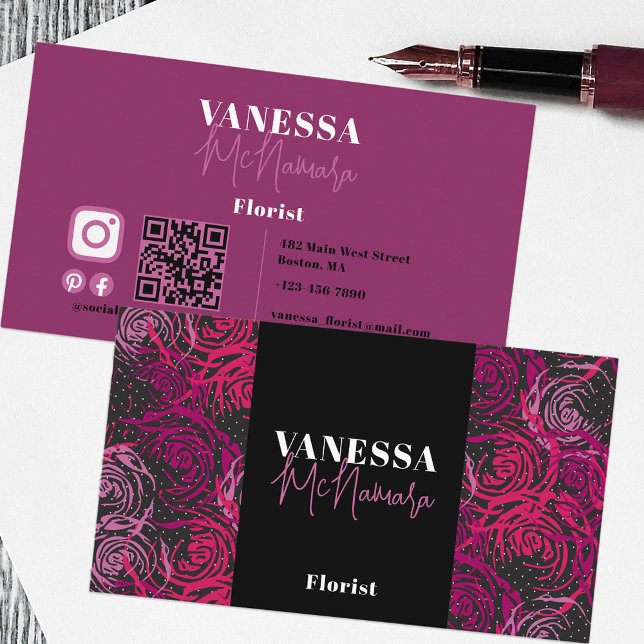 Dramatic Black Pink Floral Pattern Florist Business Card (Creator Uploaded)