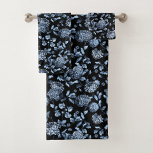 Dramatic Black Silver Blue Floral Bath Towel Set