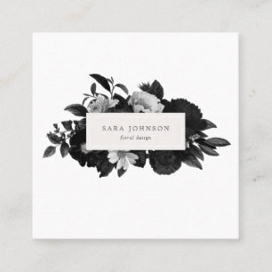 Dramatic Black White Autumn Floral Classic Design Square Business Card