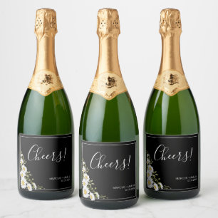 Dramatic Black & White Daisies Wedding Sparkling Wine Label