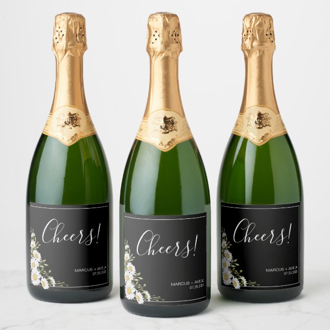 Dramatic Black & White Daisies Wedding  Sparkling Wine Label (Bottles)