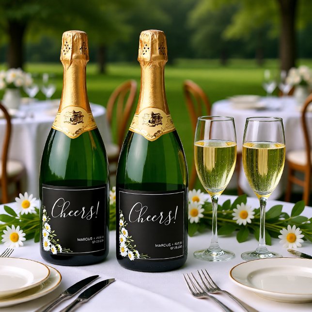 Dramatic Black & White Daisies Wedding  Sparkling Wine Label (Creator Uploaded)
