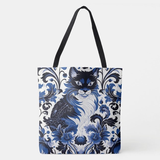Dramatic Blue Art Deco Cat Large Shoulder Tote Bag (Front)