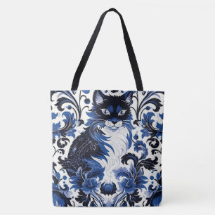 Dramatic Blue Deco Cat Large Shoulder Tote Bag