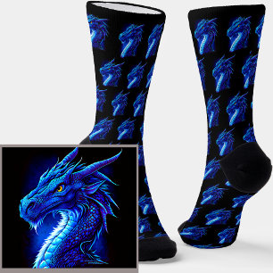 Dramatic Blue Fantasy Dragon on Black Socks