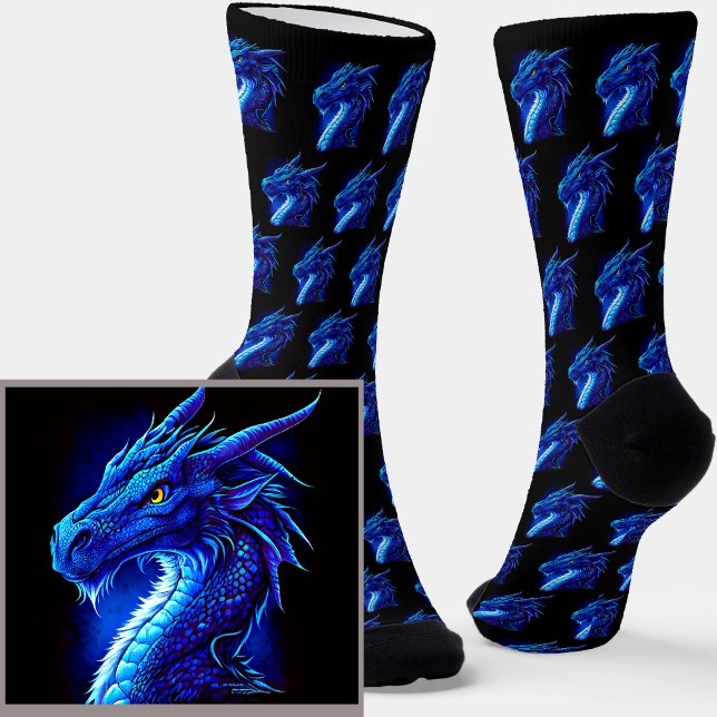 Dramatic Blue Fantasy Dragon on Black Socks (Creator Uploaded)
