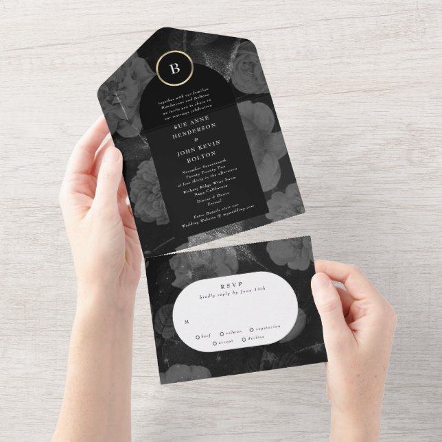 Dramatic Boho Floral Arch Gold Greys Wedding All In One Invitation (Tearaway)