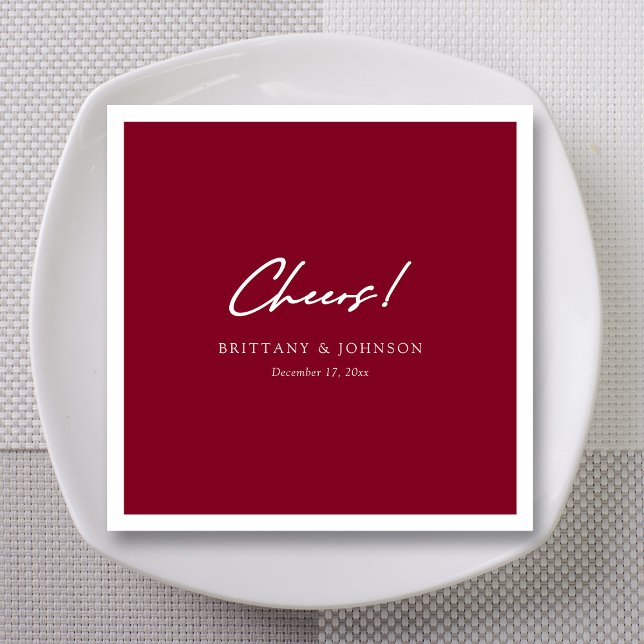Dramatic Burgundy Swoop Script Cheers Wedding Napkin (Personalized Unique White Cheers Script Burgundy Wedding Napkins)