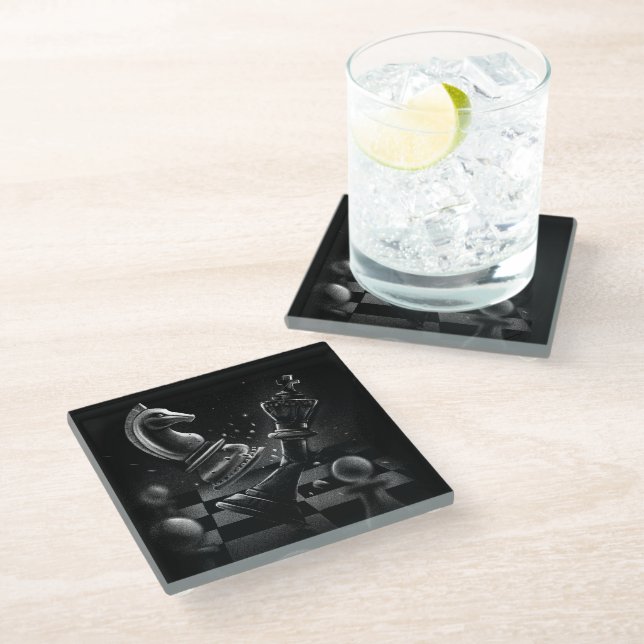 Dramatic Chess Battle – Knight vs. Horse  Glass Coaster (Angled)