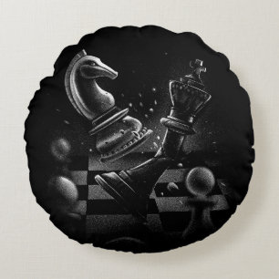 Dramatic Chess Battle – Knight vs. Horse Round Cushion