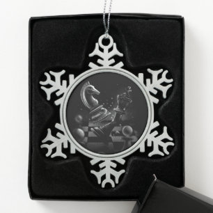 Dramatic Chess Battle – Knight vs. Horse Snowflake Pewter Christmas Ornament