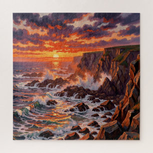 Dramatic Coastal Sunset Cliffs Painting Jigsaw Puzzle