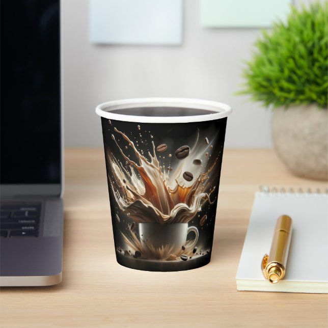 Dramatic Coffee Splash with Floating Coffee Beans Paper Cups (Insitu)