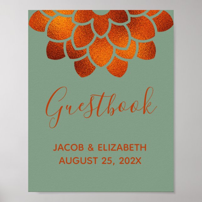 Dramatic Copper Flower on Basil Wedding Guestbook  (Front)
