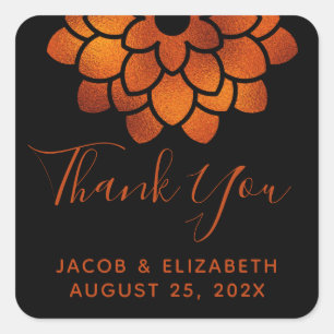 Dramatic Copper Flower on Black Thank You Wedding  Square Sticker