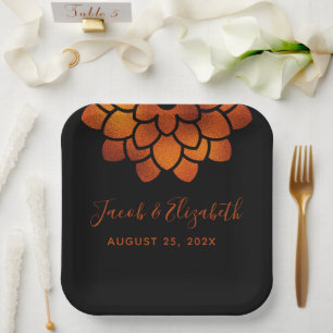 Dramatic Copper Flower on Black Wedding  Paper Plate