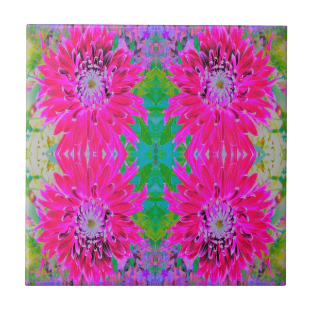 Dramatic Crimson Red and Pink Dahlia Flower Tile (Front)