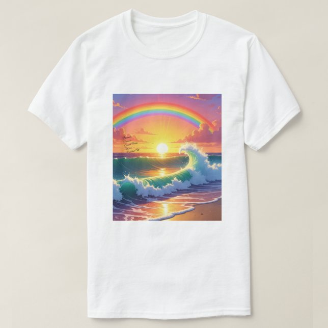 Dramatic Crimson Sunset Ocean Wave Rainbow Art T-Shirt (Design Front)