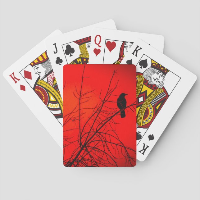 Dramatic Crow Bird in Tree Red Winter Photograph Playing Cards (Back)
