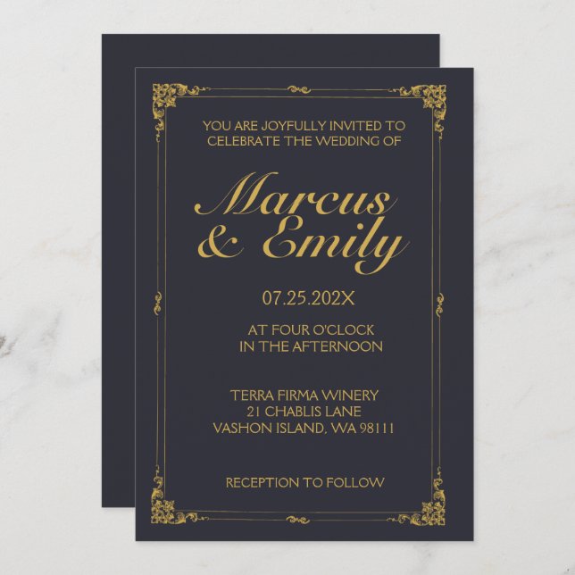 Dramatic Dark Blue & Antique Gold Wedding Invitation (Front/Back)