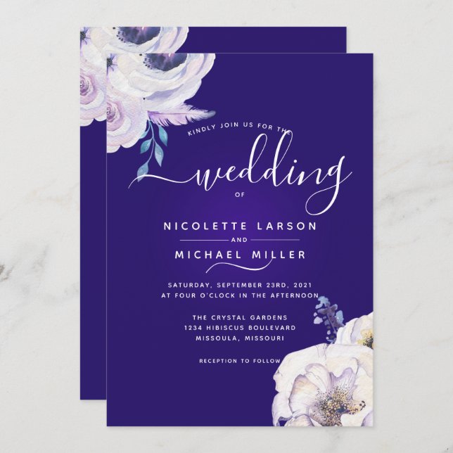 Dramatic Dark Purple and Lilac Floral Wedding Invitation (Front/Back)