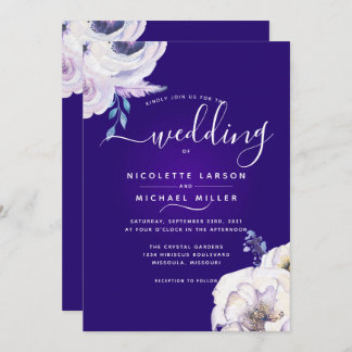 Dramatic Dark Purple and Lilac Floral Wedding Invitation