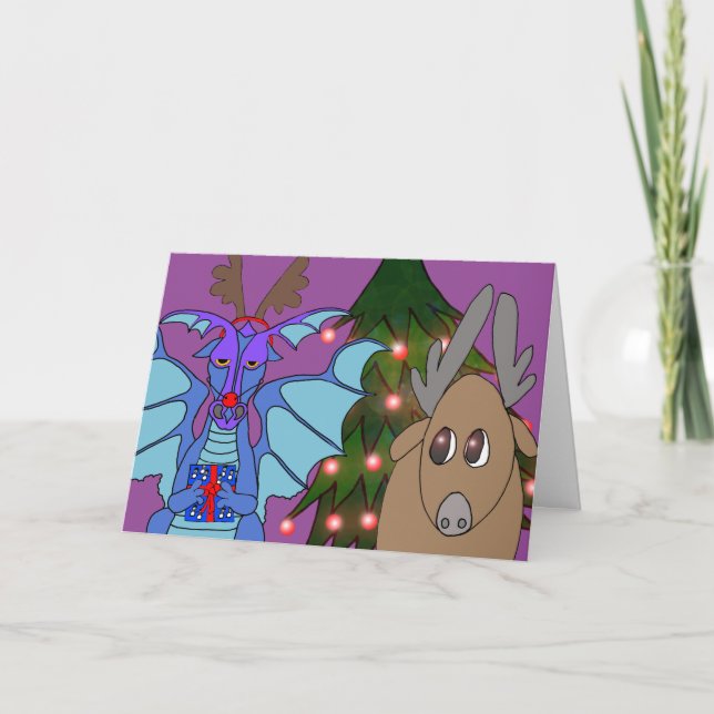 Dramatic Dragon and the Reindeer Christmas card (Front)