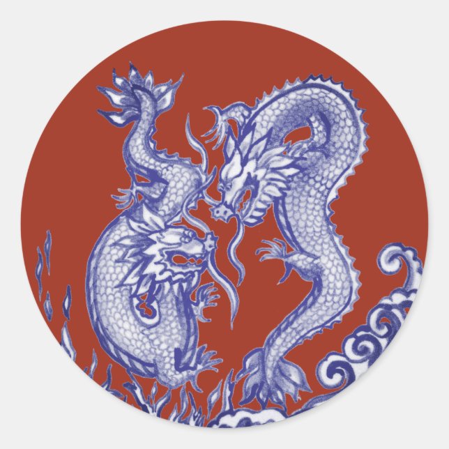 Dramatic Dragons  Blue Red Water Fire Oriental Classic Round Sticker (Front)