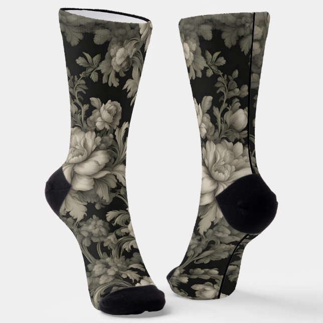 Dramatic Dusty Green & Black Toile Crew Socks (Angled)