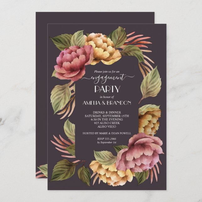 Dramatic Floral Engagement Party Invitations (Front/Back)