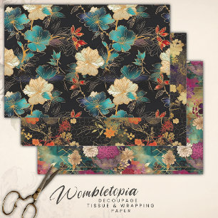 Dramatic Floral in Teal, Black & Cream Decoupage Wrapping Paper Sheet
