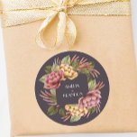 Dramatic Floral Wedding Classic Round Sticker<br><div class="desc">Round stickers featuring elegant watercolor flowers in pink and gold with beautiful greenery on a dark eggplant background,  these stickers are perfect for bridal showers favours,  wedding favours,  envelope seals and more. MATCHING items in our store.</div>