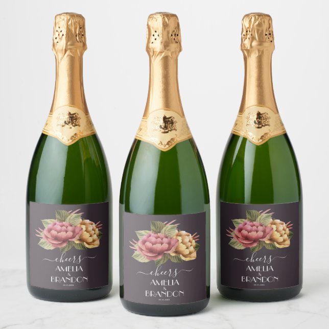Dramatic Floral Wedding Sparkling Wine Label (Bottles)