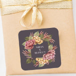 Dramatic Floral Wedding Square Sticker<br><div class="desc">Stickers featuring elegant watercolor flowers in pink and gold with beautiful greenery on a dark eggplant background,  these stickers are perfect for bridal showers favours,  wedding favours,  envelope seals and more. MATCHING items in our store.</div>