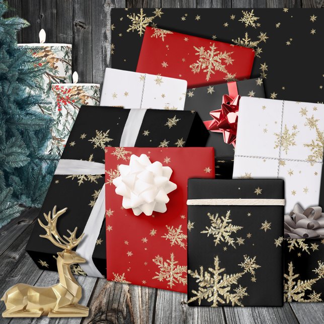 Dramatic Gold Snowflakes On Red Black & White Wrapping Paper Sheet (Dramatic Gold Snowflakes On Red Black & White Wrapping Paper Sheets)