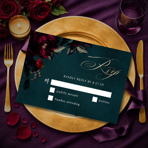 Dramatic Gothic Red Turquoise Floral Wedding RSVP Card