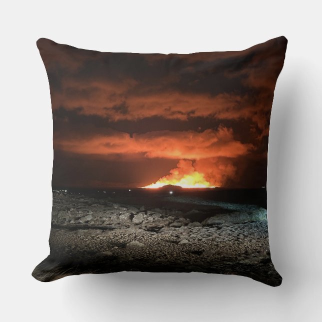 Dramatic Icelandic Volcano Eruption Throw Pillow (Front)