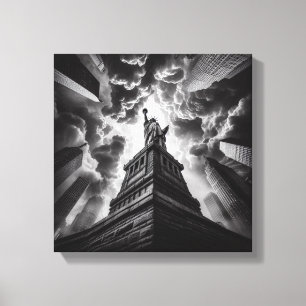 Dramatic Liberty Statue Skyline in Black and White Canvas Print