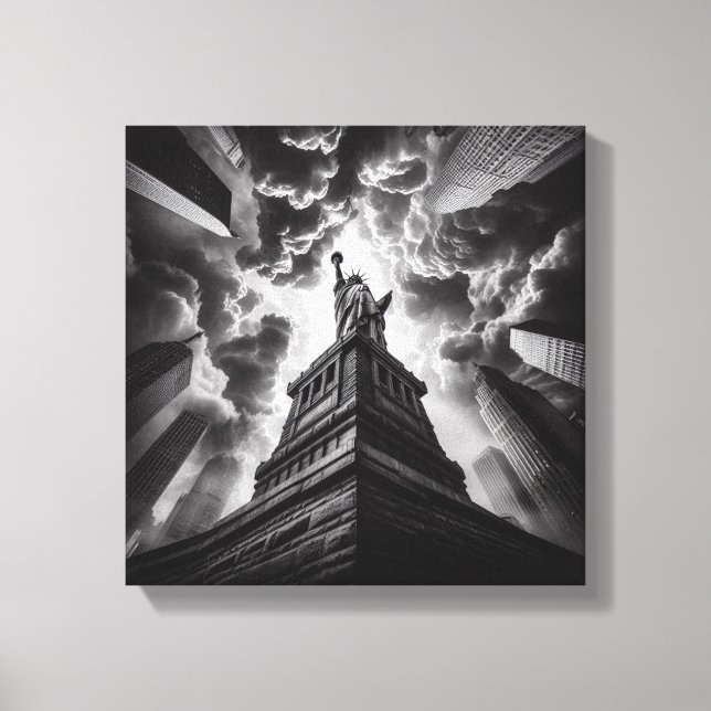 Dramatic Liberty Statue Skyline in Black and White Canvas Print (Front)