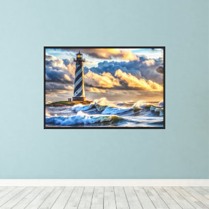 Dramatic Lighthouse Seascape with Stormy Waves Canvas Print