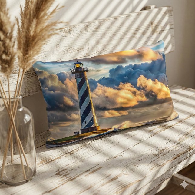Dramatic Lighthouse Seascape with Stormy Waves Lumbar Cushion (Dramatic Lighthouse Seascape with Stormy Waves Lumbar Pillow Mockup 1)